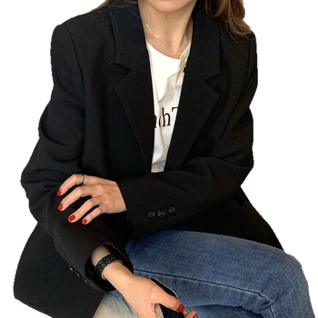 Blazer damă slim, stil coreean, cu guler de sacou, închidere cu două nasturi într-un singur rând, poliester