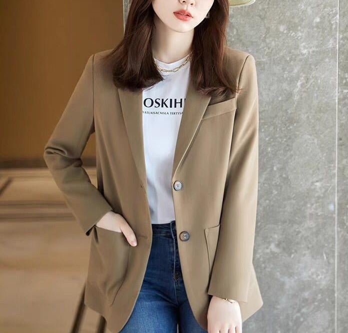 Blazer damă slim, stil coreean, cu guler de sacou, închidere cu două nasturi într-un singur rând, poliester