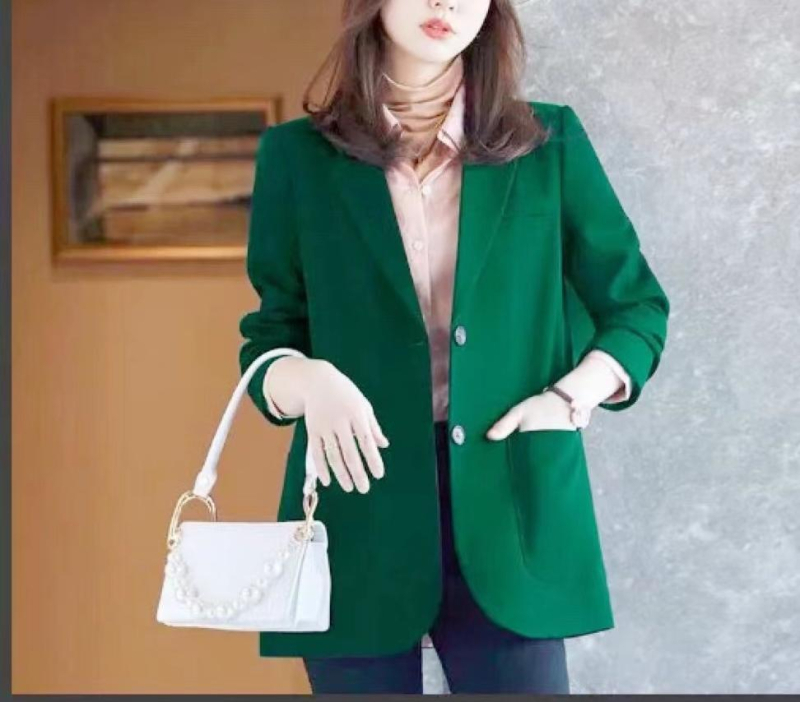 Blazer damă slim, stil coreean, cu guler de sacou, închidere cu două nasturi într-un singur rând, poliester