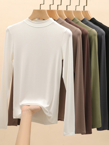 Moteriški modalų-viskozės mišinio marškinėliai su rankovėmis, stovinčiu apykakle, siauras kirpimas, vienspalvis