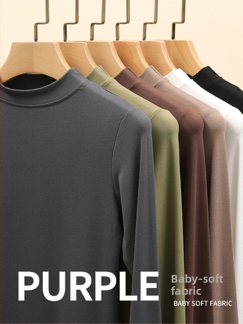 Moteriški modalų-viskozės mišinio marškinėliai su rankovėmis, stovinčiu apykakle, siauras kirpimas, vienspalvis