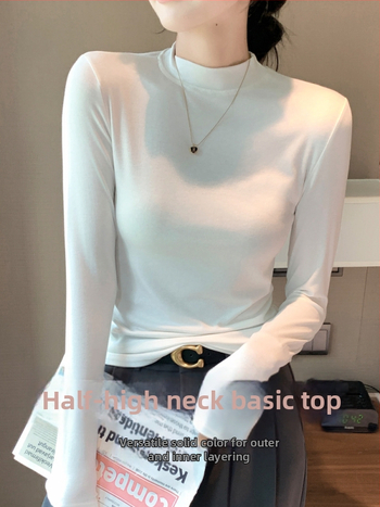 Moteriški modalų-viskozės mišinio marškinėliai su rankovėmis, stovinčiu apykakle, siauras kirpimas, vienspalvis