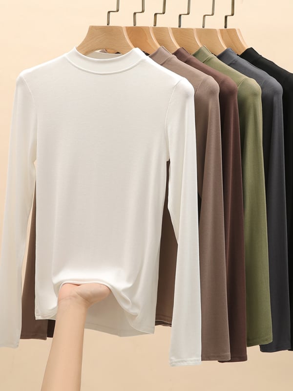 Moteriški modalų-viskozės mišinio marškinėliai su rankovėmis, stovinčiu apykakle, siauras kirpimas, vienspalvis