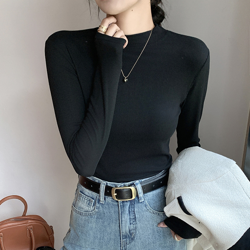 Moteriški modalų-viskozės mišinio marškinėliai su rankovėmis, stovinčiu apykakle, siauras kirpimas, vienspalvis