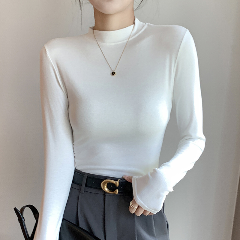 Moteriški modalų-viskozės mišinio marškinėliai su rankovėmis, stovinčiu apykakle, siauras kirpimas, vienspalvis