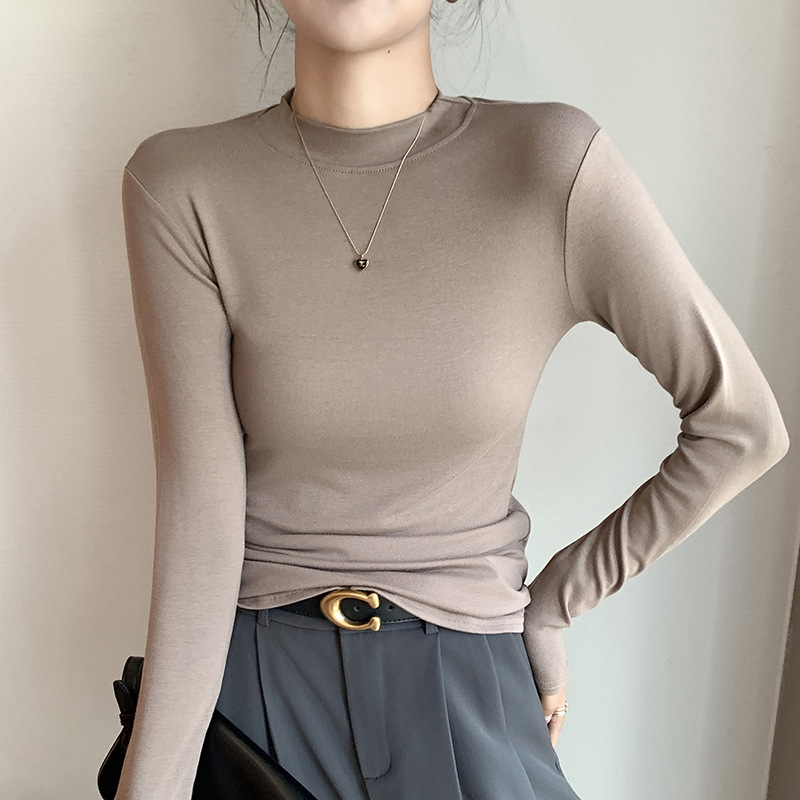 Moteriški modalų-viskozės mišinio marškinėliai su rankovėmis, stovinčiu apykakle, siauras kirpimas, vienspalvis