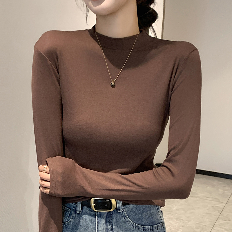 Moteriški modalų-viskozės mišinio marškinėliai su rankovėmis, stovinčiu apykakle, siauras kirpimas, vienspalvis