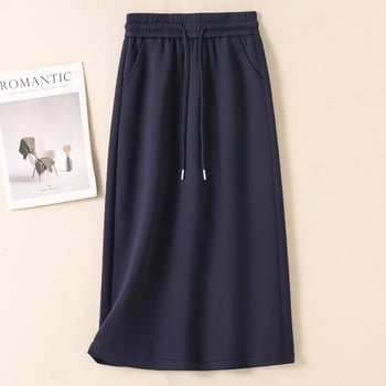 Γυναικεία φούστα φούτερ σε plus size, με ελαστική μέση και κορδόνι, ίσιο κόψιμο, μεσαίου μήκους, κομψό στυλ