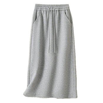 Γυναικεία φούστα φούτερ σε plus size, με ελαστική μέση και κορδόνι, ίσιο κόψιμο, μεσαίου μήκους, κομψό στυλ