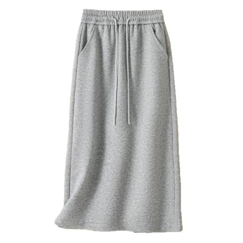 Γυναικεία φούστα φούτερ σε plus size, με ελαστική μέση και κορδόνι, ίσιο κόψιμο, μεσαίου μήκους, κομψό στυλ