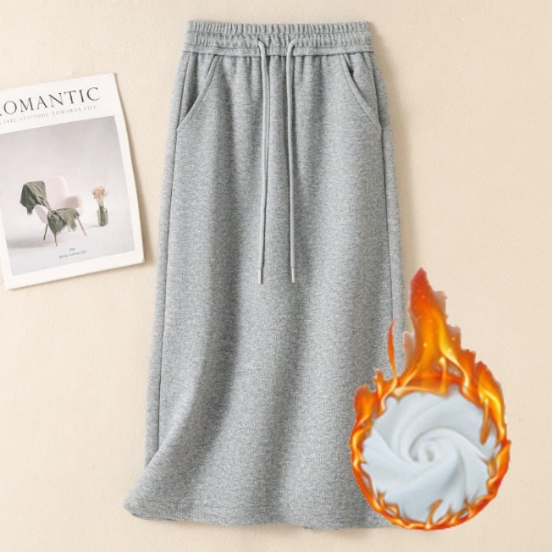 Γυναικεία φούστα φούτερ σε plus size, με ελαστική μέση και κορδόνι, ίσιο κόψιμο, μεσαίου μήκους, κομψό στυλ