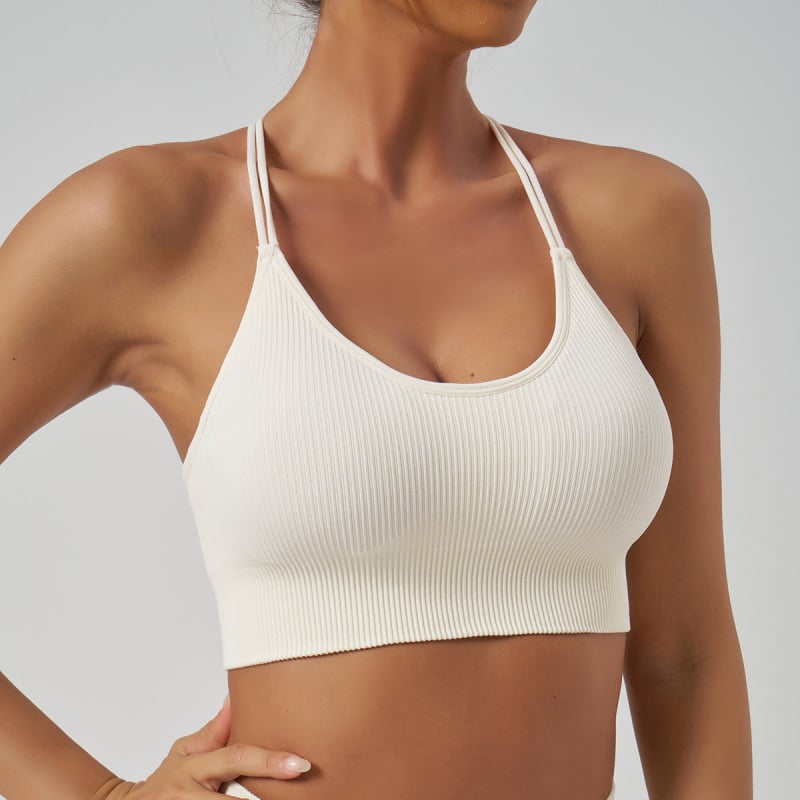 Moterų halterio kaklo sportinė liemenėlė – drėgmės valdymas, siauras kirpimas, ilgis virš krūtinės, su krūties pagalvėlėmis, 90% nailonas, 10% spandeksas