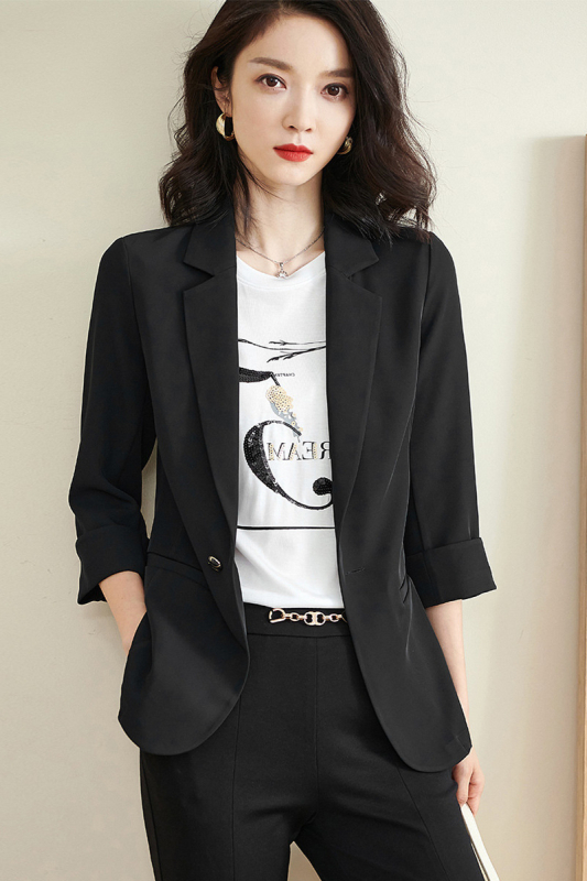 Sacou blazer dama, nasture unic, croială slim-fit, rever clasic, mâneci 3/4, poliester elastan