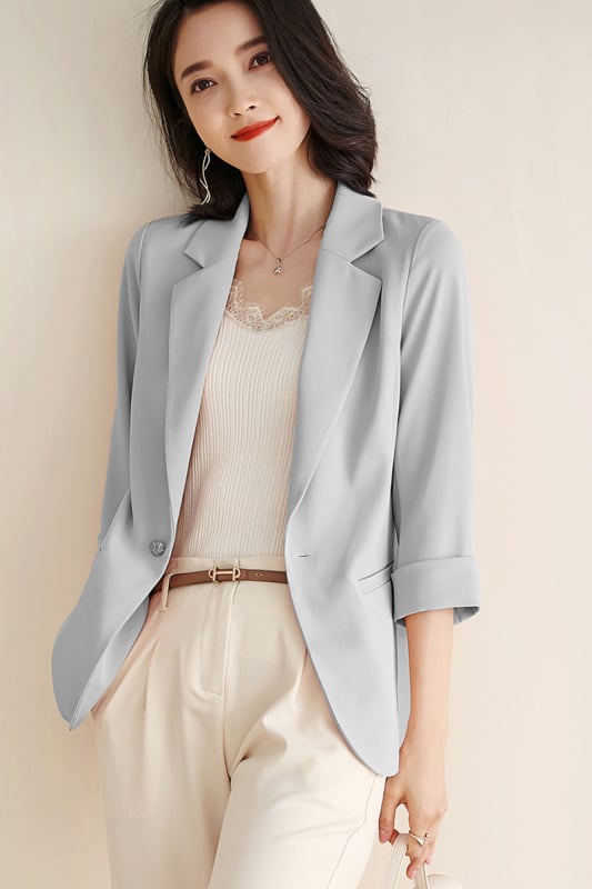 Sacou blazer dama, nasture unic, croială slim-fit, rever clasic, mâneci 3/4, poliester elastan