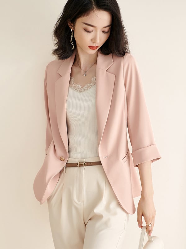 Sacou blazer dama, nasture unic, croială slim-fit, rever clasic, mâneci 3/4, poliester elastan