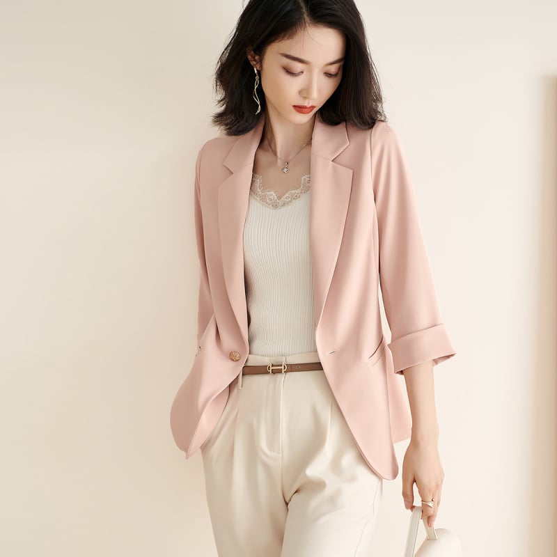 Sacou blazer dama, nasture unic, croială slim-fit, rever clasic, mâneci 3/4, poliester elastan