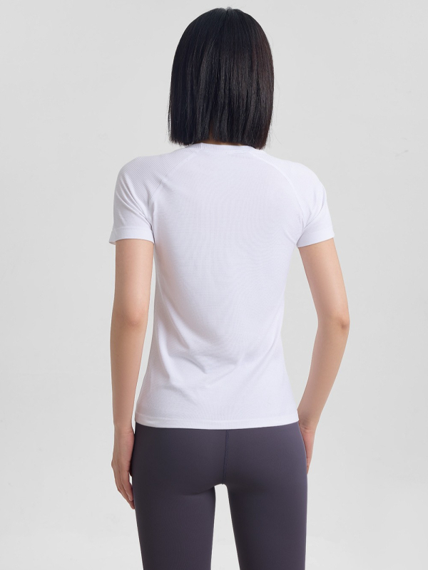 Moteriškas greitai džiūstantis trumpų rankovių sportinis marškinėlis, slim-fit, jogai ir bėgimui, audinys: nailonas/cheminių pluoštų mišinys