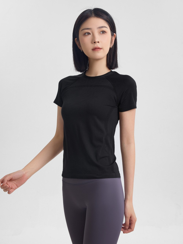 Moteriškas greitai džiūstantis trumpų rankovių sportinis marškinėlis, slim-fit, jogai ir bėgimui, audinys: nailonas/cheminių pluoštų mišinys