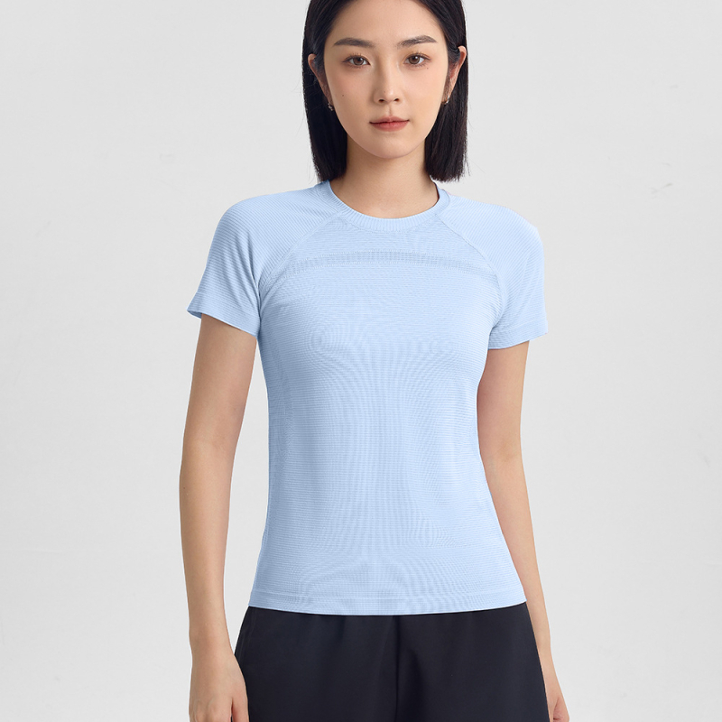 Moteriškas greitai džiūstantis trumpų rankovių sportinis marškinėlis, slim-fit, jogai ir bėgimui, audinys: nailonas/cheminių pluoštų mišinys