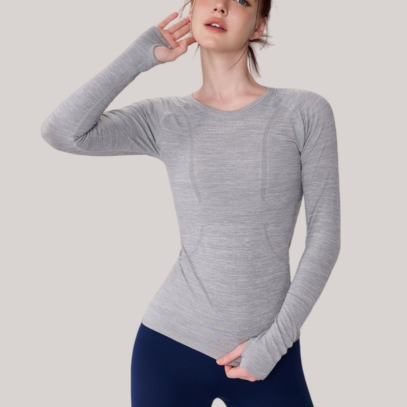 Moterų jogos marškinėliai su ilgu rankovėmis, kvėpuojanti medžiaga, nailonas+spandeksas, aptakus siluetas, klubų ilgis