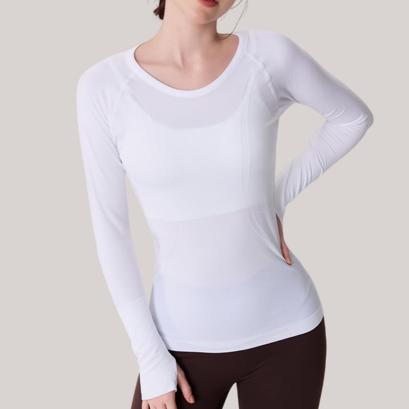 Moterų jogos marškinėliai su ilgu rankovėmis, kvėpuojanti medžiaga, nailonas+spandeksas, aptakus siluetas, klubų ilgis