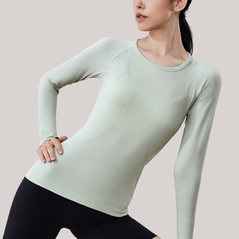 Moterų jogos marškinėliai su ilgu rankovėmis, kvėpuojanti medžiaga, nailonas+spandeksas, aptakus siluetas, klubų ilgis