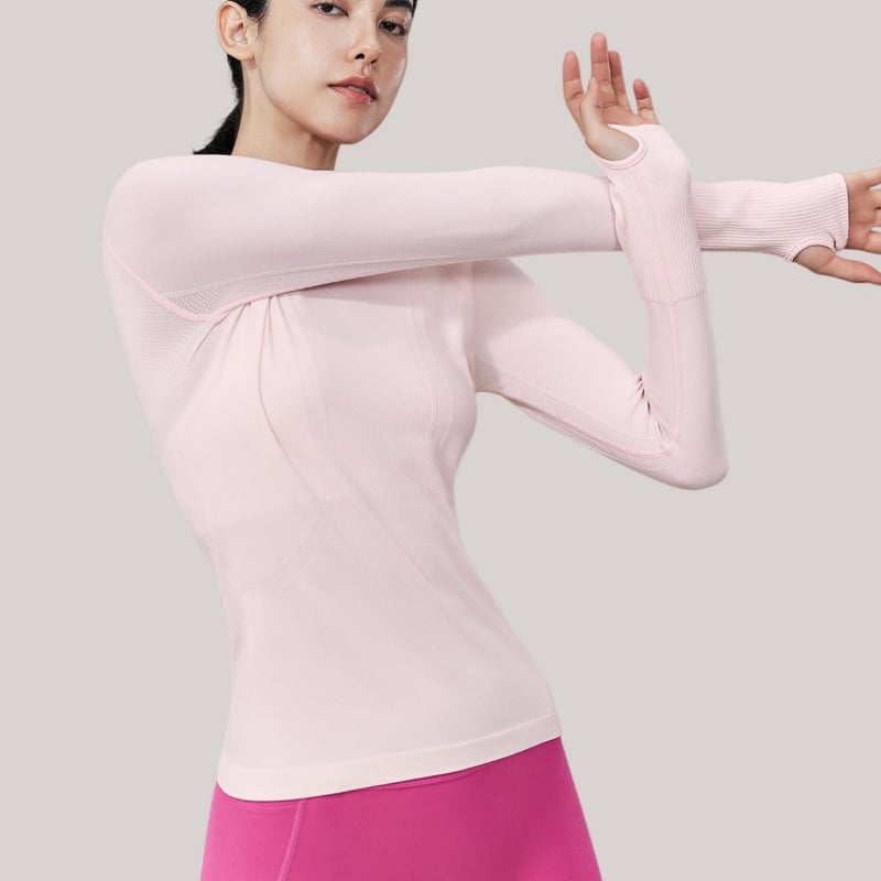 Moterų jogos marškinėliai su ilgu rankovėmis, kvėpuojanti medžiaga, nailonas+spandeksas, aptakus siluetas, klubų ilgis