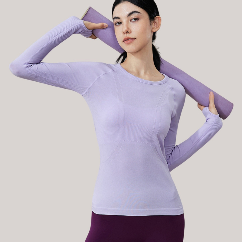 Moterų jogos marškinėliai su ilgu rankovėmis, kvėpuojanti medžiaga, nailonas+spandeksas, aptakus siluetas, klubų ilgis