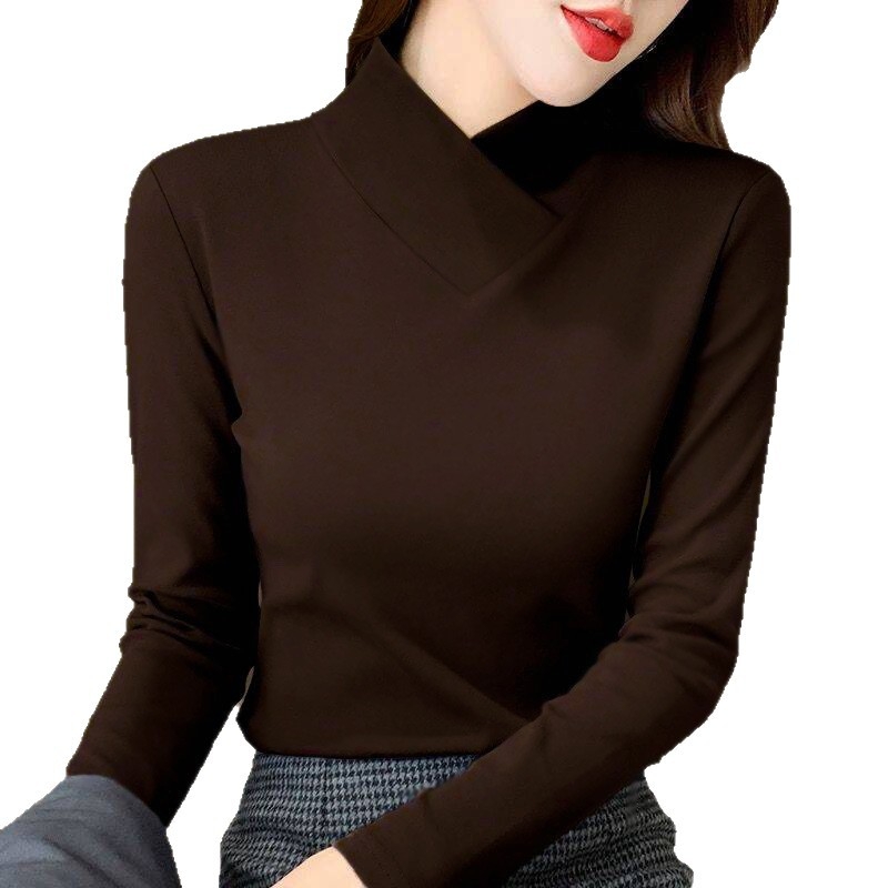 Moteriški marškinėliai su V kaklu, fliso pamušalas, siauras kirpimas, ilgomis rankovėmis, spandekso mišinys