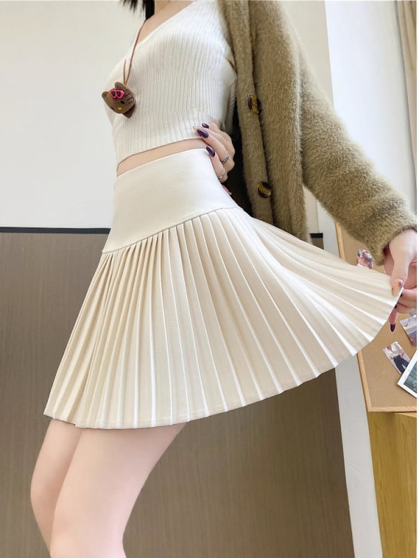 Πλισμένη φούστα A-line, υψηλής μέσης, χειμερινή έκδοση, ύφασμα μαλλί με πολυεστέρα 80-90% και σπάντεξ <30%