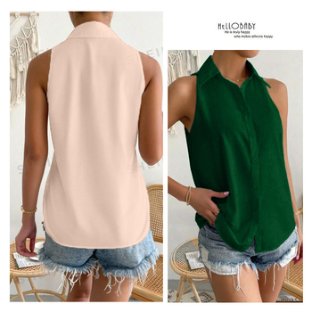 Ženska satenska bez rukava košulja – obična duljina, košuljni ovratnik, jednobojna, 95%+ satenski poliester, ljeto 2025