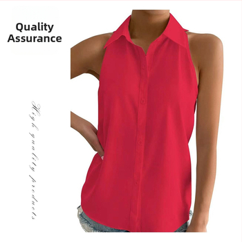 Moteriški satino be rankovių marškiniai – įprastas ilgis, marškinių apykaklė, vientisa spalva, 95%+ satino poliesteris, 2025 m. vasara