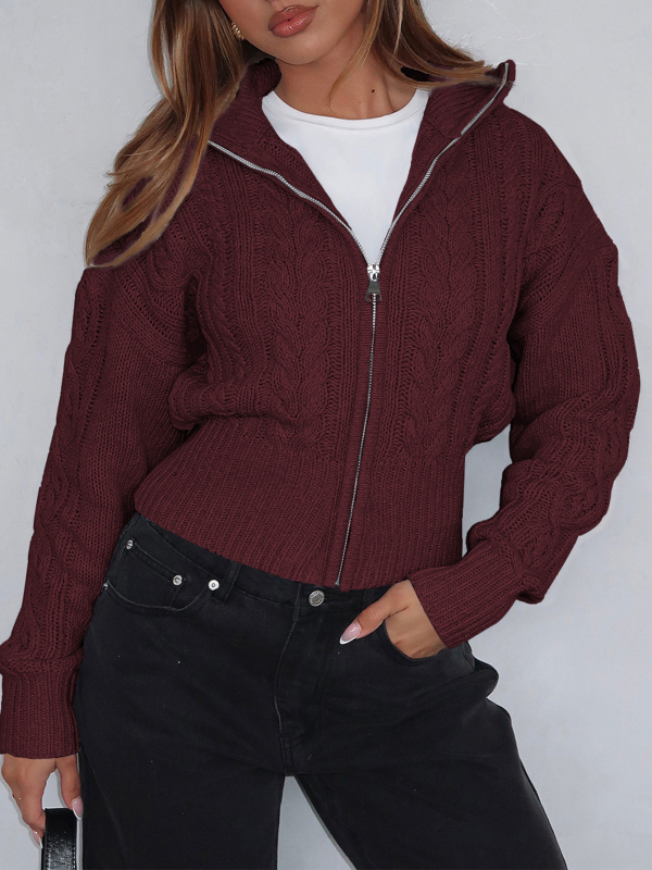Cardigan pulover s kapuljom, jednofarban, s zipom, dugi rukavi, kratka duljina 40–50 cm, glavni materijal ≥95% poliester, tkanina vunena pletenina