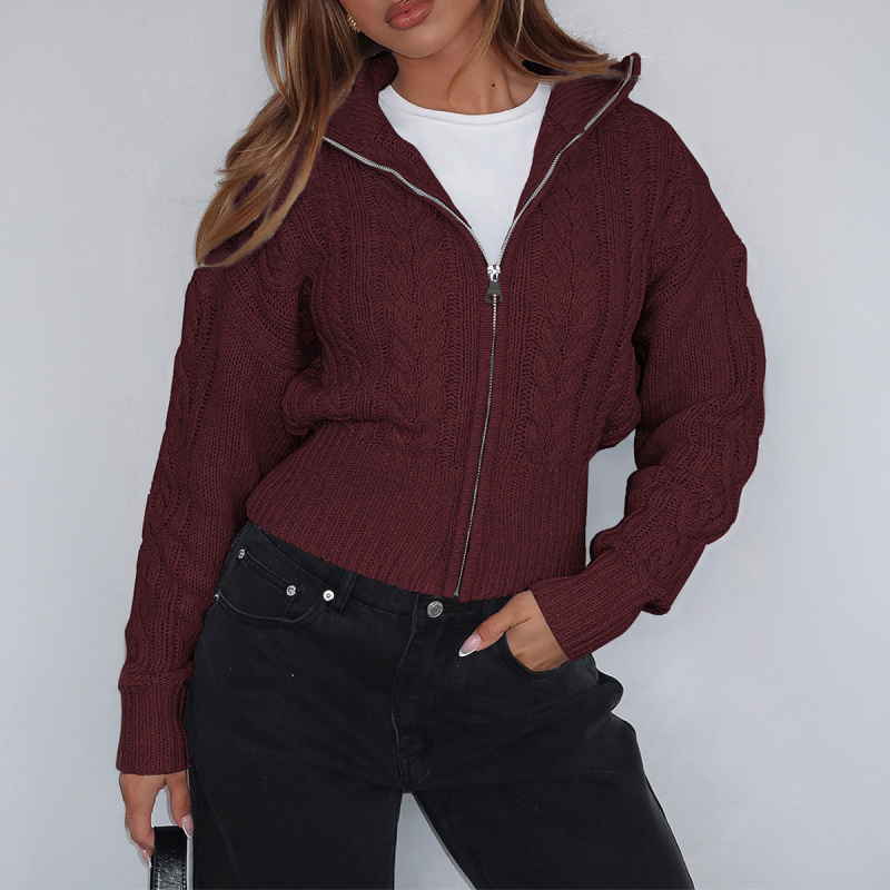 Cardigan pulover s kapuljom, jednofarban, s zipom, dugi rukavi, kratka duljina 40–50 cm, glavni materijal ≥95% poliester, tkanina vunena pletenina