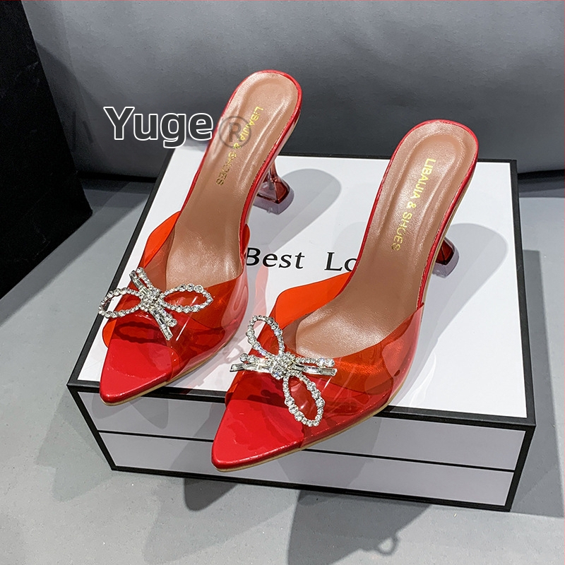 Sieviešu augstpapēžu sandales ar loku un krištāliem, PVC augšdaļa, purngala forma asā, gumijas zole, bez oderes, zīmols Brother Xiaoyu