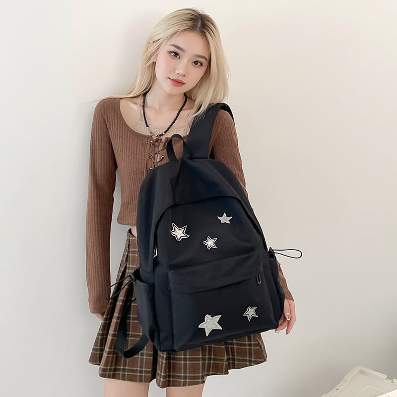 Rucsac de damă cu stele, stil colegiu, din nylon; căptușeală poliester; închidere cu fermoar; buzunar pentru laptop; impermeabil (Primăvara 2025)