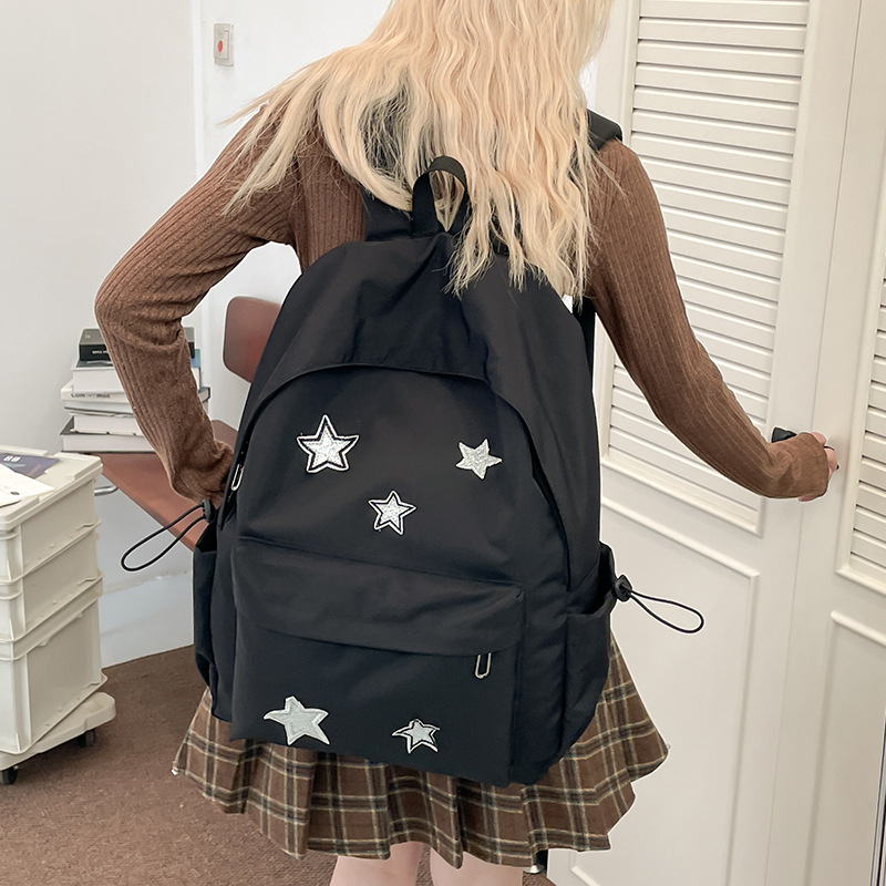 Rucsac de damă cu stele, stil colegiu, din nylon; căptușeală poliester; închidere cu fermoar; buzunar pentru laptop; impermeabil (Primăvara 2025)