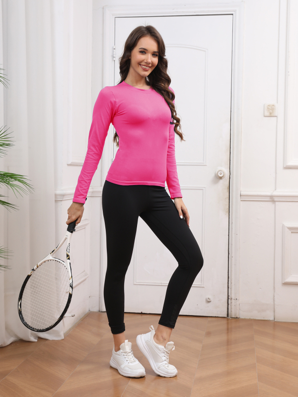Moterų ilgomis rankovėmis sportinis topas su apvaliu kaklu, drėgmės šalinimas, nailonas, siauras kirpimas, įprastas ilgis