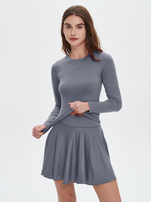 Moterų ilgomis rankovėmis sportinis topas su apvaliu kaklu, drėgmės šalinimas, nailonas, siauras kirpimas, įprastas ilgis