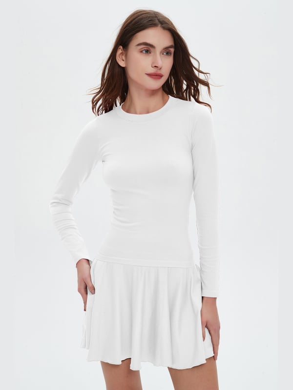 Moterų ilgomis rankovėmis sportinis topas su apvaliu kaklu, drėgmės šalinimas, nailonas, siauras kirpimas, įprastas ilgis