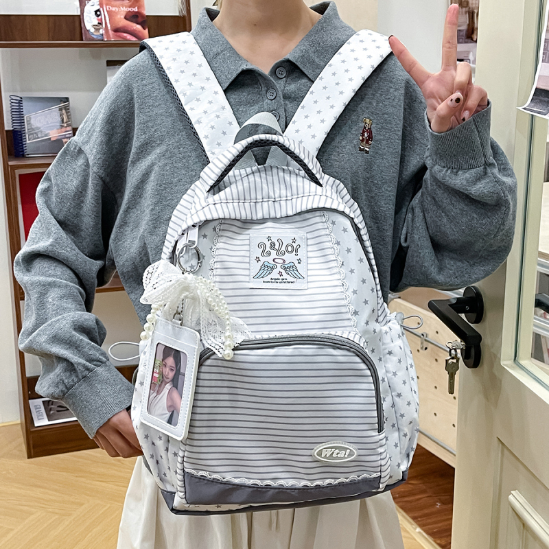 Γυναικείο νάιλον σακίδιο Ruiyingzizhi, ριγέ σχέδιο με αστέρια, διαπνέον εσωτερικό πολυεστέρα, κατάλληλο για σχολείο και ελεύθερο χρόνο, καμπύλες ιμάντες ώμου