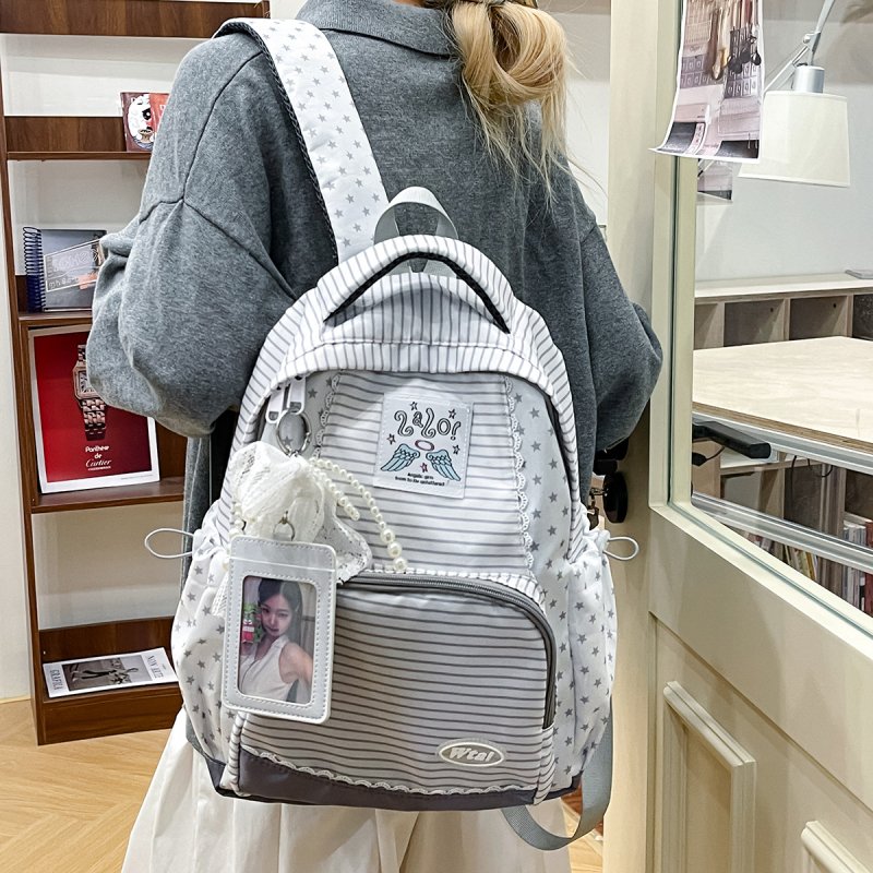 Γυναικείο νάιλον σακίδιο Ruiyingzizhi, ριγέ σχέδιο με αστέρια, διαπνέον εσωτερικό πολυεστέρα, κατάλληλο για σχολείο και ελεύθερο χρόνο, καμπύλες ιμάντες ώμου