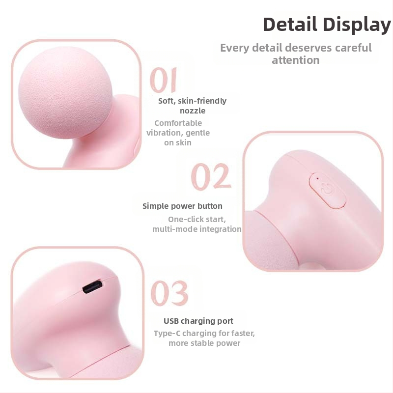 Mini masažo įrenginys su įmontuota baterija, šepetėlių variklis, daugybė greičių, iki penktos pavaros arba aukščiau, 1 antgalis, baterijos veikimo laikas 1-3 val., triukšmas 46-70 dB