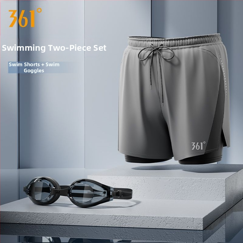 361° Ανδρικό σετ τριών τεμαχίων για κολύμβηση: μαγιό-βερμούδα, καπέλο και γυαλιά κολύμβησης; Πολυεστερικό ύφασμα; Στυλ briefs; ενήλικος