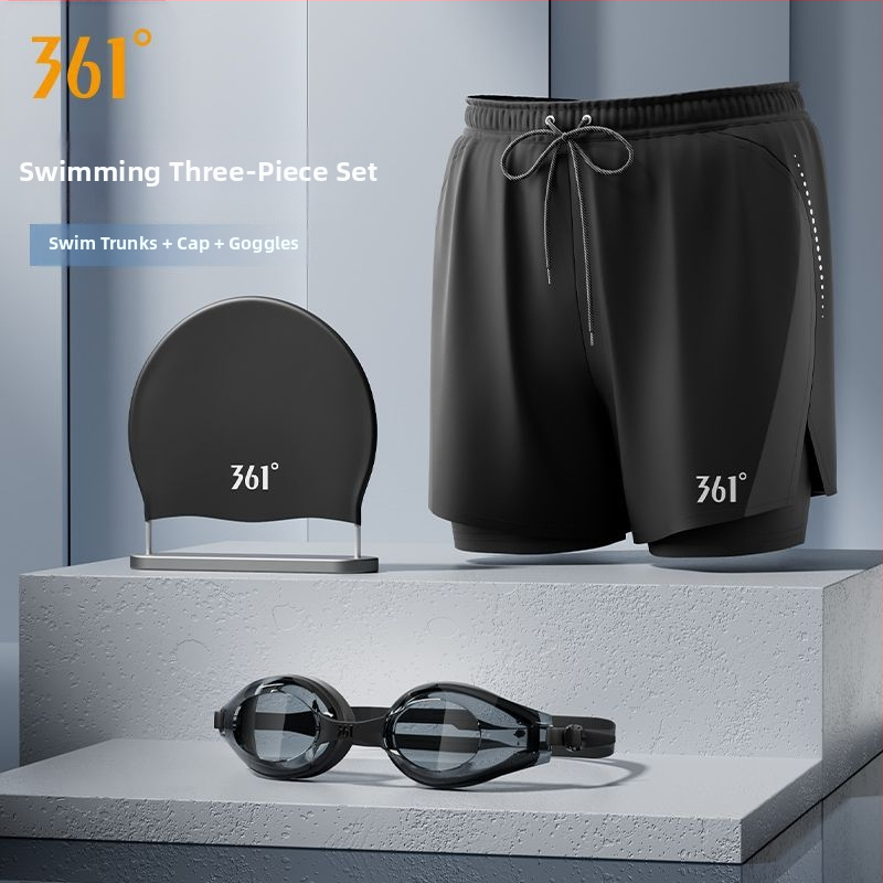 361° Ανδρικό σετ τριών τεμαχίων για κολύμβηση: μαγιό-βερμούδα, καπέλο και γυαλιά κολύμβησης; Πολυεστερικό ύφασμα; Στυλ briefs; ενήλικος