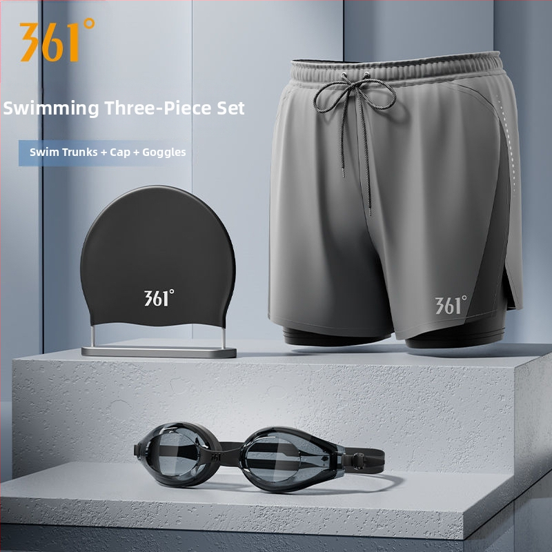 361° Ανδρικό σετ τριών τεμαχίων για κολύμβηση: μαγιό-βερμούδα, καπέλο και γυαλιά κολύμβησης; Πολυεστερικό ύφασμα; Στυλ briefs; ενήλικος