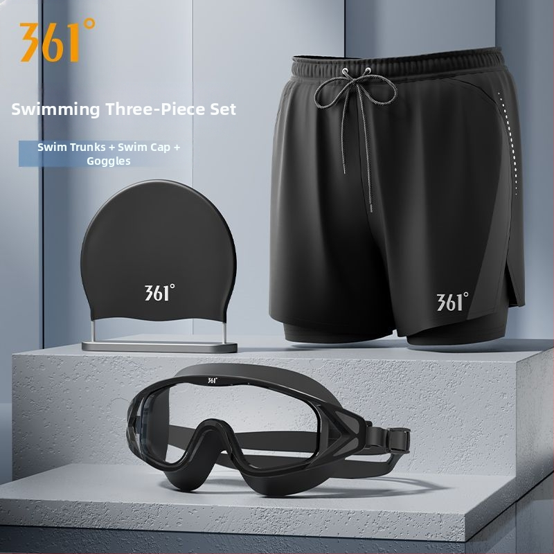 361° Ανδρικό σετ τριών τεμαχίων για κολύμβηση: μαγιό-βερμούδα, καπέλο και γυαλιά κολύμβησης; Πολυεστερικό ύφασμα; Στυλ briefs; ενήλικος