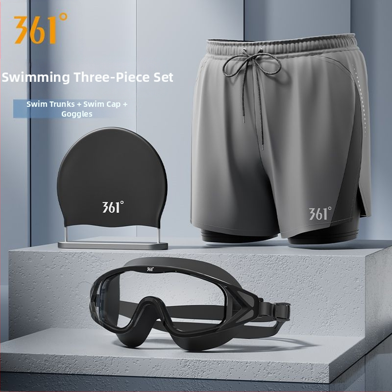 361° Ανδρικό σετ τριών τεμαχίων για κολύμβηση: μαγιό-βερμούδα, καπέλο και γυαλιά κολύμβησης; Πολυεστερικό ύφασμα; Στυλ briefs; ενήλικος