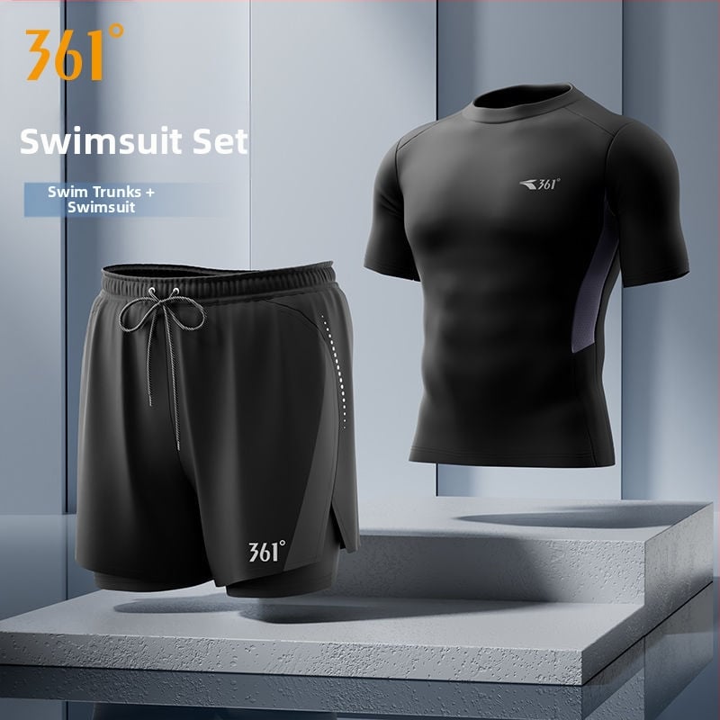 361° Ανδρικό σετ τριών τεμαχίων για κολύμβηση: μαγιό-βερμούδα, καπέλο και γυαλιά κολύμβησης; Πολυεστερικό ύφασμα; Στυλ briefs; ενήλικος