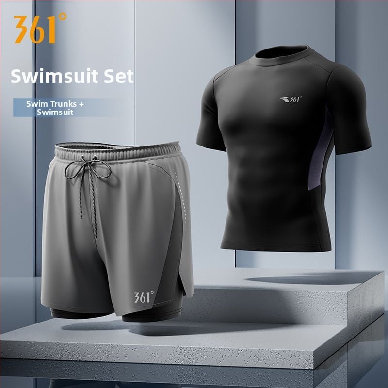 361° Ανδρικό σετ τριών τεμαχίων για κολύμβηση: μαγιό-βερμούδα, καπέλο και γυαλιά κολύμβησης; Πολυεστερικό ύφασμα; Στυλ briefs; ενήλικος